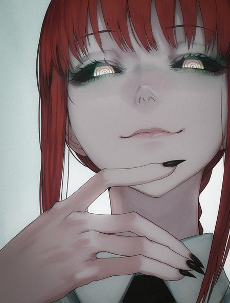 1girl, solo, facing viewer, portrait, upper body, 
leaning forward, foreshortening, makima \(chainsaw man\), black sclera, half-closed eyes, ringed eyes,@_@, yellow eyes, smirk, closed mouth, staring, looking down, looking at viewer, hand on own lips, long fingers, sharp fingernails, black nails, black lips, from below, 
masterpiece, best quality, amazing quality, very aesthetic, 
(lips, nose:1.2),
(by sawarakajin:1.25),
