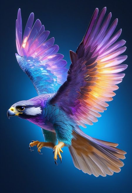 flu0rite falcon, flying, vivid colors, dynamic lighting, hd, 8k, fluorite mineral, flu0rite, iridiscent, (photorealistic),