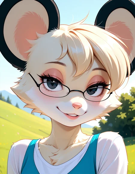 masterpiece, best quality, very aesthetic, absurdres,
outdoors, 
upper body, face focus, 
posing, 
 seductive smile, parted lips, long eyelashes,
<lora:Tamy_v01_NAIXL:1>
T4my,1girl,solo,furry,furry female,mouse girl,short hair,mouse ears,black eyes,glasses,animal nose,body fur,white fur,