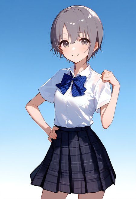 1girl,
otokura yuuki,


solo, looking at viewer, blush, simple background, cropped legs, bow, hair between eyes, short sleeves, white shirt, plaid skirt, white background, blue bowtie, short hair, standing, collared shirt, school uniform, hand up, black hair, blue bow, skirt, shirt, pleated skirt, bowtie, black skirt, grey hair, closed mouth, grey eyes, plaid, smile, blue background, gradient background, hand on own hip,

sfw
<lora:a31_char_new_otokura_yuuki-000022:1> <lora:a31_style_koni-000010:0.8>