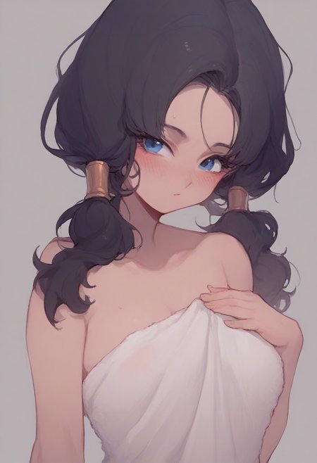 score_9, score_8_up, score_7_up, score_6_up, source_anime, 1girl, videl, black hair, blue eyes, eyelashes, parted bangs, twintails, belly, bare shoulders, blushing, bath towel