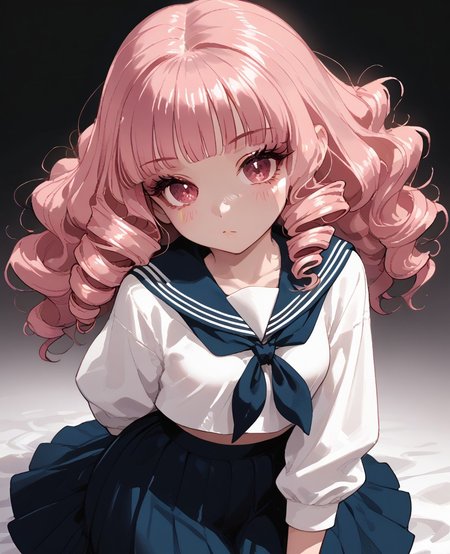 score_9, score_8_up, score_7_up, score_6_up, 1girl, solo, perfect hand, small_breasts ,athletic ,serafuku ,medium_hair ,colorful_hair ,pink_eyes ,drill_hair ,wavy_hair ,blue_eyeliner ,blunt_bangs ,hair_bow ,from_above ,evil ,on_stomach