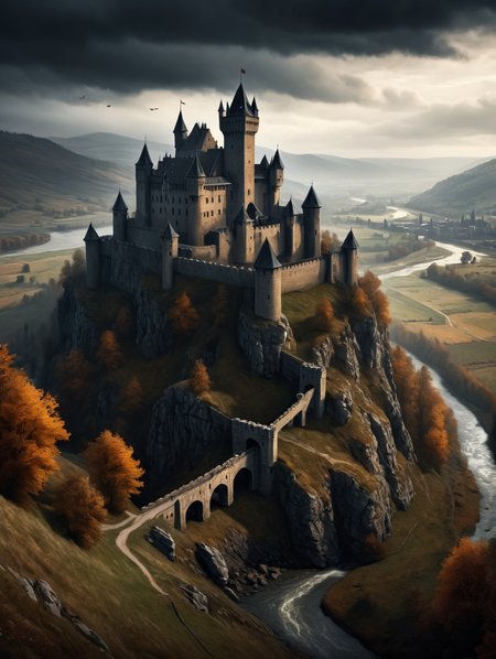 Horror-themed Masterpiece, Generate a picture of a small medieval Norman castle on a hilltop. A wide valley with a river should be visible in the background. The surroundings of the castle and the valley should be characterized by meadows and forests. The weather is rough with dark clouds and it is autumn. It is dark, night, and fog is gathering. The castle should have typical Norman architectural elements such as towers, battlements or a drawbridge. The valley should be characterized by rolling hills, flying ravens, epically, threatening,
(darkness:3.5), 
 <lora:add-detail-xl:1.4>  <lora:Gustave Dore Style:1>, Ultra-HD-details, true to life, HDR image, High detail resolution, high detailed cloth, cinematic lighting, realistic, sharp focus, (very detailed), ((4K HQ)), depth of field, f/1.2, Leica, 8K HDR, High contrast, bokeh, realistic shadows, vignette, epic, . Eerie, unsettling, dark, spooky, suspenseful, grim, highly detailed