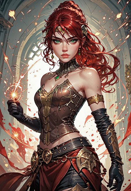 ((zPDXL3)), ((masterpiece,best quality, highly detailed)), ((score_9)), score_8_up, score_7_up, score_6_up, score_5_up, score_4_up, Digital painting style, brushstrokes, ((EnhanceImage)), solo, 1girl, PyrrhaNikosXL, green eyes, red hair, long hair, ponytail, hair between eyes, forehead protector, medium breasts, bare shoulder, gold gorget, cleavage, brown corset, gold armlet, black elbow gloves, single vambrace, black belt, black shorts, red skirt, leg armor, black boots,
Expressiveh, 30yo, adult lustful confident woman, petite, slender body, perky saggy natural breasts, full lips, bangs, sidelocks, straps,
chinese magical sorceress, animated, swirling magic, wisps of magic, dancing pose, tight squeezed outfit, magical accessories, evoking motion, conveying motion, dynamic splash art, 
<lora:PainterlyFantasiaPDXL:0.6>,