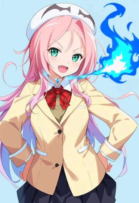 drakoi, score_9, best quality,
simple background, 1girl, long hair, pink hair, forehead, cowboy shot, school uniform, sadistic smile, v-shaped eyebrows, white hat, beige blazer, bow, fang, open mouth, breathing fire, blue fire, hands on own hip, choker, jewerly, green eyes, black skirt, facing viewer
<lora:drakoiXL_pony:1>