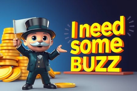 Monopoly man holding up a sign saying "I need some buzz" with a pile of 3D shiny glowing gold coins in the background next to the text on the sign, 2D cartoon artwork, monopoly man from monopoly board game