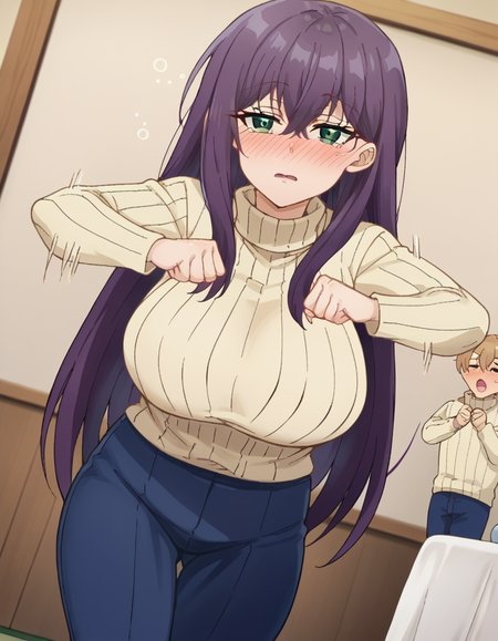 score_9, score_8_up, score_7_up, source_anime, <lora:yutaka-shinozaki-s1-ponyxl-lora-nochekaiser:1>, yutaka shinozaki, long hair, bangs, very long hair, green eyes, purple hair,, large breasts, mature female, long sleeves, pants, sweater, turtleneck, ribbed sweater, turtleneck sweater, blue pants, white sweater, indoors, bed, bedroom, on side, blush, drunk, , <lora:mochi-mochi-ponyxl-lora-nochekaiser:1>, mochi mochi dance, clenched hands, hands up,, looking at viewer, solo,, dutch angle, cowboy shot