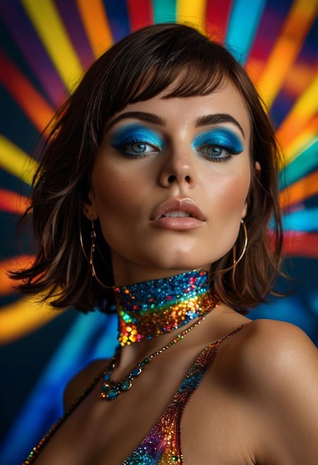raw photo, 4k, psychedelic photo, (Full Body Sexy Pose:1.5), score_9, score_8_up, (Epic masterpiece:1.8).(Professional boudoir photoshoot:1.3). (Full body photography:1.5),  (a sensual and horny 40 years old adult woman with straight, medium length dark brown hair that is clubber hairstyles:1.5). (blue eyes that are medium sized and almond shaped:1.4). (medium toned clear realistic skin with clubber makeup:1.4). (build is slender and about 160cm tall:1.4). (facial features are proportional and a symmetrical face:1.4). (chest size is medium-large. breasts not particularly split or uneven:1.7). (hips are more prominent and some extra flesh on thighs and stomach:1.3). (weight around 58 kilogrammes:1.4). (listening trance music and hypnotized to have orgasm while dancing:1.8). (refined clubber accessories, such as delicate earrings and choker:1.3). (remarkable psychedelic lover makeup, with a focus on highlighting features:1.4).  (a refined, dancer and sexy look that is also very feminine:1.7). (orgasmic face with lustfull looks:1.8). Psychedelic photo with colorful background.