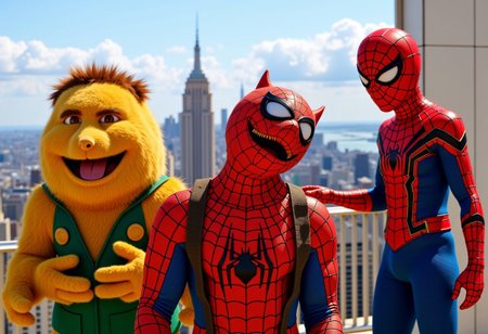 Captain America Spider-Man Iron Man Wolverine Potato, Standing on the terrace overlooking the city, sunbathing, on the rooftop, balcony, railings, 
adorable, brightly colored, cheerful, influence, naughty face, laughing, happy, playful, bright, vibrant, light-hearted, Marvel movie poster