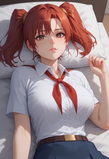 safe_pos, score_9, score_8_up, score_7_up, <laura:expressive_n: 1>, expressive_n, detailed eyes, beautiful, detailed background, perfect eyes,, expressive, 1 girl, visual novel character, sexy 20 year old girl, solo, <lоra: ikarus-chan_close:0.70>, hort hair, red hair, two ponytails, shoulder-length ponytails, brown eyes, big chest,1 girl, big breasts, lying girl, side view, fast asleep, white collared shirt, simple, short sleeves, red neckerchief, blue skirt, belt