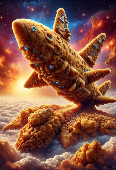 (spaceship made of deep fried & crispy breading:1.25), DFC, (breaded:0.3), perfect composition, elaborate, (ultra realistic:1.1), detailed background, masterpiece, best quality, highly detailed, hyper-detailed, uhd, vibrant colors, extremely detailed, exquisite detail, intricate, ultra-realistic, ultra-detailed,  open space landscape