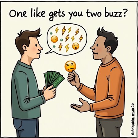 A person faces you, one hand outstretched for money, the other offering lightning bolt emoji stickers. They say, "One like gets you two buzz."