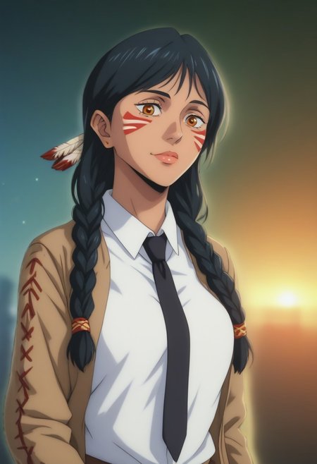 score_9, score_8_up, score_7_up, source_anime, intricate details, anime screencap, perfect balance, official art, extremely detailed CG unity 8k wallpaper, perfect lighting, Colorful, Warm_Front_face_Lighting, (masterpiece:1.0),(best_quality:1.0), ultra high res,4K,ultra-detailed, photography, 8K, HDR, highres, absurdres:1.2, Kodak portra 400, blurry background, bokeh, lens flare, (Anime) (vibrant_color:1.2), professional photograph, night, (cute_face:1.2), 2d, anime, upper body, intricate iris, American, Professional character design, 1girl, female focus, (Orange eyes), perfect eyes, (black-hair), Native American, Indigenous, American Indian, youthful, solo, jujutsu_kaisen_style, character portrait, (perfect-lighting), face, young, (Dark-black-hair), Long hair, (Native American), Indigenous, American Indian, (((wild eyes))), (Native North American), (Upturned eyes), (high cheekbones), (strong jawline), (Black Hair), ((((Native-American-Eagle-feather-braids, Native American Eagle feather accessories)))), (((wild eyes))) ((Bobbed Bangs)) (((Slanted-Eyes))) (Psycho) (Happy) (Friendly) (Goofy) (White Dress Shirt), (Warpaint), (Redwood Forest, Pacific Northwest Forests), (Inuit), (Tan skin), (Dark Skin), (Brown skin), (bobbed hair), White Eagle-Feather-Earrings, Thick Bangs, Bobbed hair, Bob-cut, White-Feather-Earrings, Brown-skin, Inuit Face-paint, Full-Bangs, Wide-Bangs, Thick-Hair, Native Face-paint, White dress shirt, Tribal-Patterned Jacket, Black Necktie