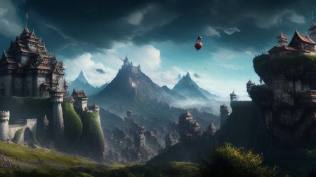 Fantasy,myth, Intricate dynamic action shot of  floating Mountains and a flying  great castle in the sky off the ground, wide angle,
cinematic  Alessandro Casagrande, Greg Rutkowski, Sally Mann, concept art, ,style of dark souls,
2 atmosphere,detailed face and eyes,Masterpiece, best quality, highly detailed photo:1, 8k, detailed face,photorealistic