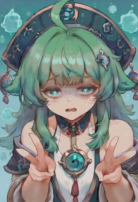 1girl, solo, Huohuo\(Honkai Star Rail\), (intricate details), \(cosplay\), depth of field, upper body shot, double peace signs, wide eyes, scared, green hair, 4k,
.
best quality, very aesthetic, absurdres, masterpiece,
 <lora:cutesexyrobuttsforill-000172:0.95>, Cutesexyrobutts\(style\),