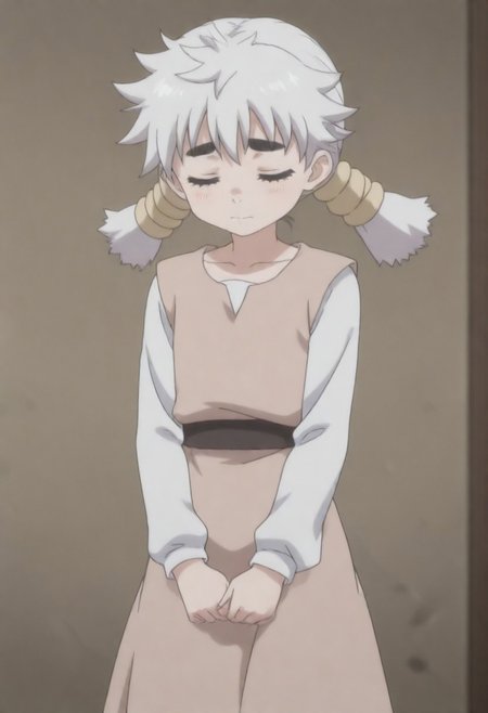 masterpiece, best quality, anime screenshot, anime, masterpiece,, 
RUNNY NOSE,
CLOSED EYES,
WHITE HAIR, THICK EYEBROWS, LONG SLEEVES, TUNIC, BELT, LONG DRESS, COLLARBONE, VEST, BLACK EYEBROWS, 1GIRL, TWINTAILS, WHITE SHIRT, THICK_BANDS, BEIGE_BANDS, SPIKED_HAIR,