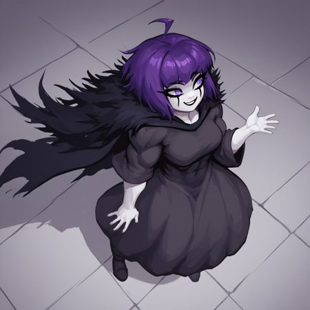 (masterpiece, score_9, score_8_up, score_8:1.3), eve_the_sorceress, solo, purple hair, 1girl, short hair, colored skin, purple eyes, ahoge, bangs, (long dress:1.1), long sleeves, wide sleeves, (white face:1.3), white hands, smile, cape, thick thighs, (fur trim around shoulders:0.2), medium breasts, makeup, (muscular female:0.2), (shortstack:0.5), (dark skin:0.5), from above,