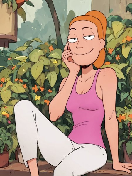 ,  looking at viewer, alien world,<lora:SummerPony1.0:0.9>,summer.smith, orange hair, 1girl, ponytail, solo, pink tank top, white pants, smile,sitting, hand on own face,  score_9, score_8_up, score_7_up, score_6_up