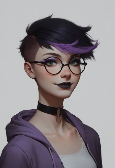 (Realistic Lighting:1.0), score_9, score_8_up, score_7_up, score_6_up, score_5_up, score_4_up score_9,score_8_up,
masterpiece, 1girl, sexy 18 year old tomboy, perfect body, fair skin, green eyes, cute face, freckles, small breasts, long legs, abs
choker, black lipstick, purple eyeshadow, eyeliner, mascara, firm butt, round ass, smile, black hair, glasses
two-tone hair, purple IncursioDipDyedHair, pixie cut purple hair
1girl, solo, looking at viewer, green eyes, closed mouth, upper body, lips, wind, portrait, nose, cropped purple hoodie