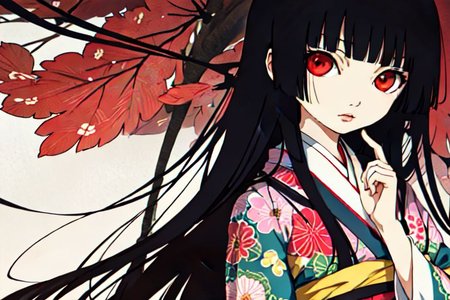 enma ai, hair down, hair black, bangs, eyes red, masterpiece, best quality, ultra-detailed, illustration, 1girl, solo, highres, photorealistic, ultra high res, (Original illustration composition), (fusion of limited color,Maximalism artstyle, kimono obi fashion, double exposure, background, illustration, Amazing, lily spider, night darkness, open one's mouth, middle finger show