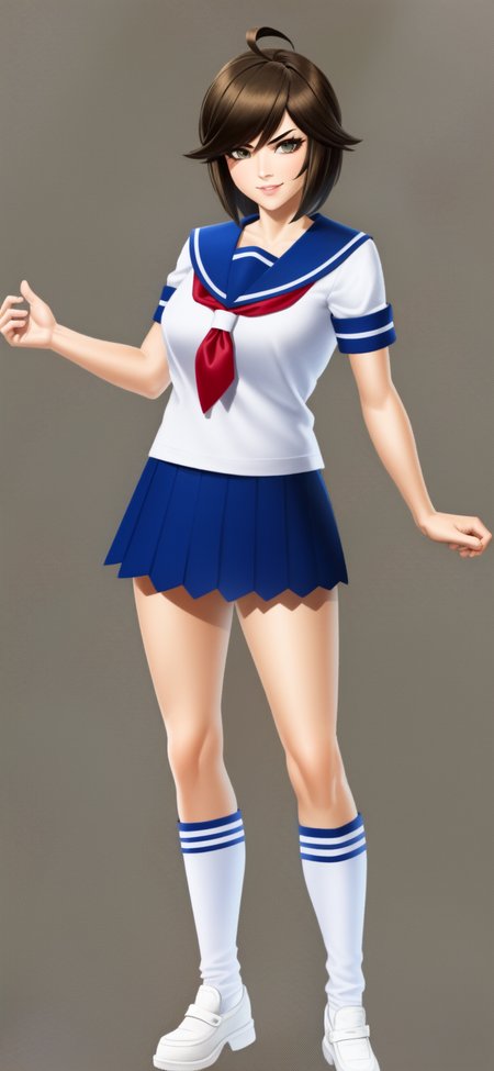 1girl, solo, full body, smile, smug, looking at viewer, <lora:MarvelUltAlly3-000010:1>, marvel ultimate alliance 3, simple background, 3d render, cel shading, animification, <lora:Naegi_Komaru_v3-000008:0.949>, naegi komaru, brown hair, short hair, (ahoge), (white serafuku), blue sailor collar, red neckerchief, blue skirt, kneehighs, loafers,