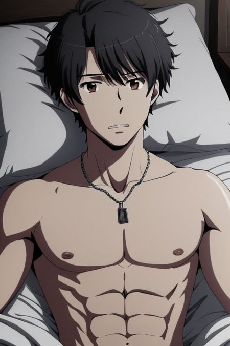 high resolution, solo, best quality, 1Boy, Inaho Kaizuka, Black Hair, bedroom, dimly lit, pillow, blanket, necklace, upper body quarter, shirtless, sixpack, horny, OverallDetail