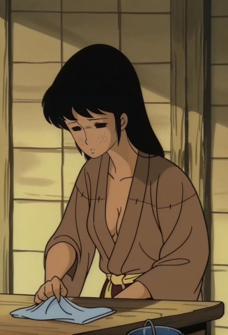 masterpiece, best quality,  female focus, open kimono, cleavage, poor, solo, holding bucket, cleaning, rag, wiping table, 
1girl, f, 1960s \(style\), retro artstyle, 
<lora:bl1nd:1>, bl1nd, 1girl, = =, sad, long hair, black hair, kimono, parted lips, freckles,