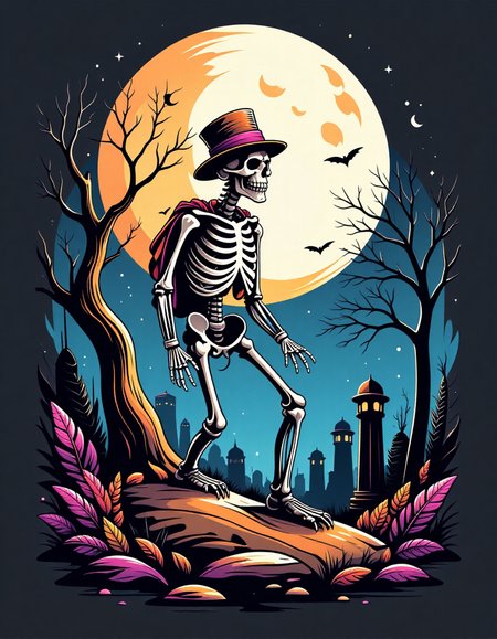 tshirt design, skeleton, graveyardwith a full moon in the style of 5h1rt