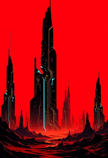 Inkpunk Anime, inksketch in red and black of towering, enigmatic structures rising from a barren, arid landscape.  Each tower is adorned with intricate, glowing lines of orange and blue lights, hinting at the advanced technology within. In the distance, other towering monoliths are visible, creating a sense of endlessness. The lighting, casting long, dramatic shadows. The camera is set at ground level, looking up at the overwhelming scale of the station, emphasizing its imposing and mysterious nature, silhouetted against a red sky.