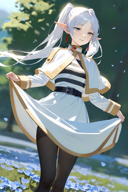 masterpiece, best quality, very aesthetic, ray tracing, newest, (hitenkei, askzy:0.4),1girl, frieren, solo, twintails, earrings, black pantyhose, black belt, capelet, white skirt set, striped shirt, white jacket, cowboy shot, (curtsey, skirt hold),  floating hair, petals, flower field, scenery, outdoors, depth of field, ecstasy, gasping, light smile <lora:quality1:0:hr=2>,  <lora:Char-Frieren-XL-V1:0.9>