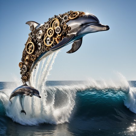 embedding:lazypos, A dolphin made of roast gears leaping from a wave of liquid chrome, arcs of steam trailing behind it, High-Resolution reflections <lora:gearstyle-000001:1.0000000000000002> <lora:TrendCraft_The_Peoples_Style_Detailer-v1.0A-3_13_2025-illustrious:0.8000000000000002>