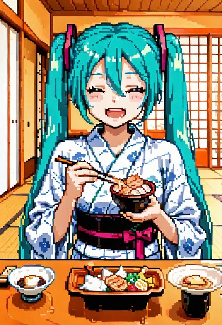 masterpiece, best quality, newest, absurdres, highres, detailed eyes, beautiful, detailed background, perfect eyes, 
BREAK 
1girl,
hatsune miku,
anime screenshot, anime coloring, flat color,
smile,
closed eyes,
open mouth,
BREAK 
solo, 
heyashoku,food, table,yukata,
chopsticks, 
eating,