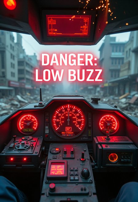 POV Gundam pilot cockpit, red warning lights flashing, the text "DANGER: LOW BUZZ" is projected on the front panel overlaying the view of city ruins from all of the fighting, the lower control panel shows a nearly depleted fuel indicator, steam hisses from the upper corner with sparks from sudden damage to the Gundam vehicle, this may be it!