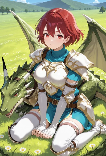 SmoothNoob_Quality,masterpiece,outdoors,field,full body,1girl,1other,solo,large breasts BREAK wyvern rider,knight,green dragon,dragon wing,breastplate,shoulder armor,pegasus knight uniform \(fire emblem\),<lora:wyvern rider-NAI:1>,<lora:NOOB_vp1_detailer_by_volnovik_v1:1>,wariza,smile,