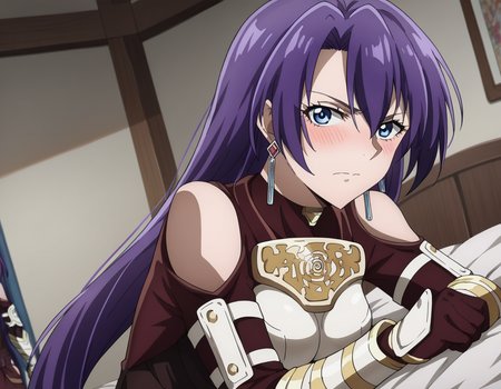 score_9, score_8_up, score_7_up, source_anime,
arthurpencilgon, <lora:arthur-pencilgon-ponyxl-lora-nochekaiser:1>,
arthur pencilgon, long hair, blue eyes, hair between eyes, very long hair, purple hair,
gloves, belt, armor, clothing cutout, breastplate, bare shoulders, earrings,
indoors, bed, bed room, on side, blush, drunk,
looking at viewer, dutch angle, cowboy shot,