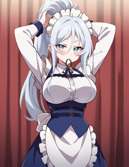 score_9, score_8_up, score_7_up, source_anime, <lora:sylpha-langlis-s1-ponyxl-lora-nochekaiser:1>, sylpha langlis, long hair, blue eyes, hair between eyes, ponytail, white hair,, large breasts, apron, maid, maid headdress, maid apron, frills, long sleeves,, stage, curtains, spotlight, audience, microphone, , <lora:hair-tie-in-mouth-ponyxl-lora-nochekaiser:1>, hair tie in mouth, hair tie, mouth hold, rubber band, blush, tying hair, adjusting hair, hands in hair, arms up, arms behind head, ponytail, hand in own hair, hair lift, cowboy shot, looking at viewer, looking at viewer, solo,, dutch angle, cowboy shot