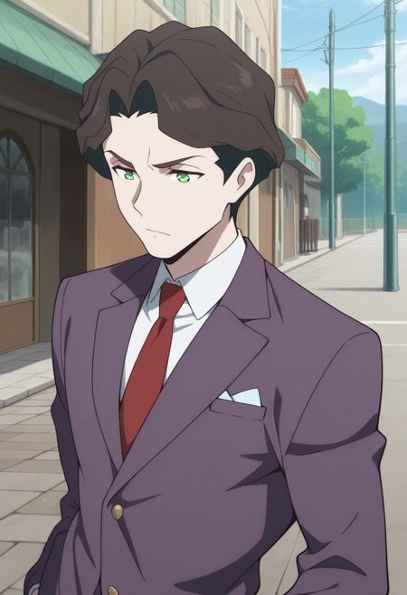 masterpiece,best quality,amazing quality, source_anime, 
AndrewHanbridge, 1boy, male focus, solo, green eyes, brown hair, shirt, white shirt, collared shirt, necktie, red necktie, jacket, purple jacket,
outdoor,
