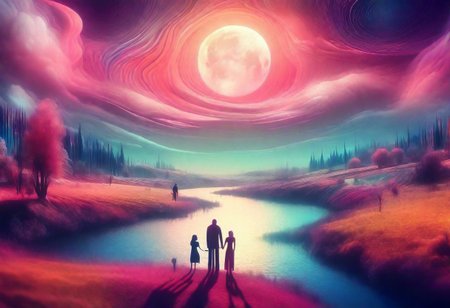 Man woman landscape. full moon  colours ,Outcast ,, 8k , tilt shift, surreal lowbrow art style,