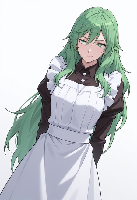 Smooth Quality,masterpiece,very intricate, high quality details, ultra realistic, high detailed skin,detailed enviorement,absurdres,
simple background, white background, 
dutch angle,standing, arms behind back, looking up, calm expression, relaxed posture,  ,seductive smile,
 <lora:Misery_cnn:0.8> 1girl, green hair, green eyes, hair between eyes, frown, very long hair, sidelocks,dress, shirt,maid apron, puffy sleeves, long sleeves, juliet sleeves, enmaided,