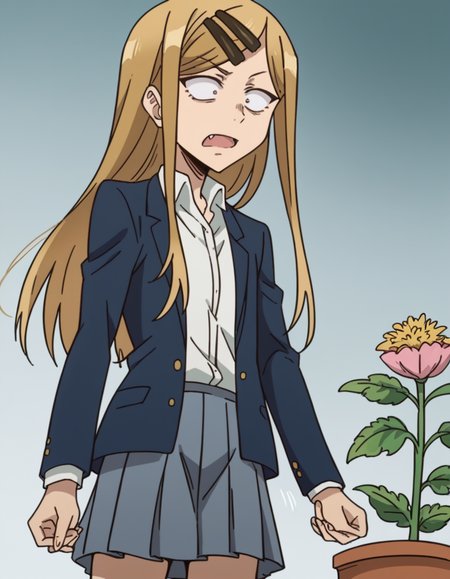 score_9, score_8_up, score_7_up, source_anime, <lora:saya-endou-s2-ponyxl-lora-nochekaiser:1>, saya endou, long hair, blonde hair, hair ornament, brown eyes, hairclip, fang, wide-eyed, constricted pupils, sanpaku,, skirt, shirt, hair ornament, school uniform, jacket, pleated skirt, socks, blazer,, gardening, watering plants, backyard, flowers blooming, sunny day,, , , hand shaking hands, solo,, cowboy shot, dutch angle