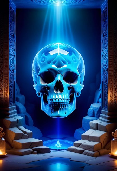 The mysterious Crystal Skull, an ancient artifact with a translucent, glowing blue crystal making up its entire structure. It sits in a dimly lit, underground temple adorned with intricate carvings of mythical creatures. A sense of otherworldly energy radiates from the artifact, and a faint, mystical aura surrounds it. The atmosphere is one of mystery and intrigue, with a touch of otherworldly wonder.