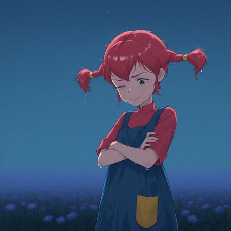 Pippi, 1girl, redhead, high pigtails with rubber bands, freckled face, short blue dress, yellow pocket on the dress, red t-shirt
Pippi, half-length, arms crossed, with a sad and tired expression, one eye closed, crying. Her hair is wet and disheveled, her head tilted, her head looking down at the ground. In the background, a field of flowers at night on a rainy day, illuminated by the moon and more stars. Sky-blue neon lights.