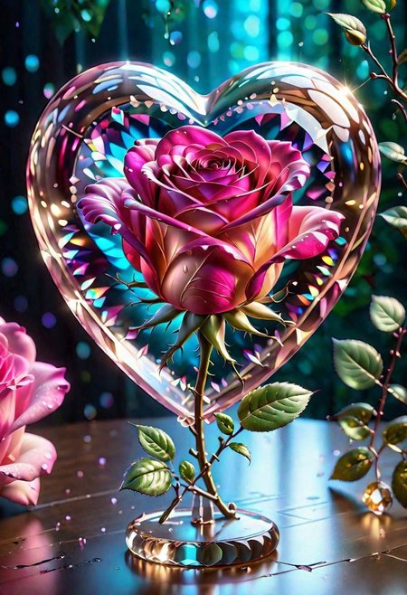 Studio quality, highly detailed, high resolution, smooth crystal heart, glass rose, pink and champagne, shimmering, sparkling, magical glow