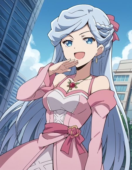 score_9, score_8_up, score_7_up, source_anime, <lora:rayneshia-el-arte-corwen-s2s3-ponyxl-lora-nochekaiser:1>, rayneshia el-arte corwen, long hair, blue eyes, very long hair, blue hair, braid, medium breasts,, dress, jewelry, collarbone, earrings, necklace, pink dress,, skyscraper, tall, glass, modern, building, smile, <lora:ojou-sama-pose-ponyxl-lora-nochekaiser:1>, ojou-sama pose, laughing, smug, hand to own mouth, open mouth,, looking at viewer, solo,, dutch angle, cowboy shot