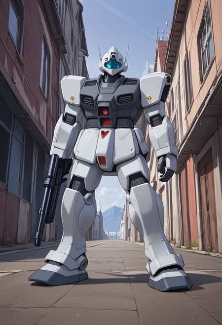 score_9, score_8_up, score_7_up, (blue gm, light blue gm, blue armor, standing, 1 mech, blue mech, mech focus, giant gm, sniper rifle, long rifle,)  BREAK, source_anime, cowboy shot, front view, gm_cold_districts_type, BREAK, buildings