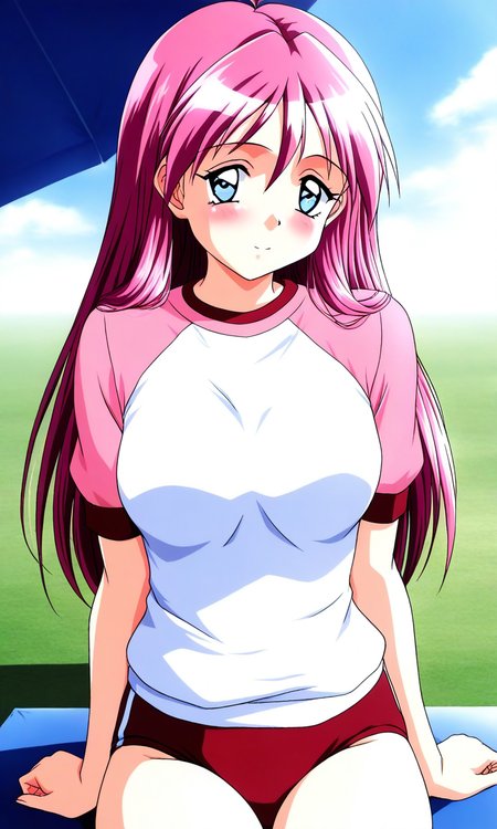 general,highres, ultra-detailed,very aesthetic,best quality ,best hands, BREAK <lora:Shirayuki_Mihoï¼Maho_Tokimeki_Memorial2_IS:1>
Shirayuki_Mihoï¼Maho, pink hair, blue eyes, long hair, medium breasts, blush,
red buruma, cowboy_Shot, sky, ground, raglan sleeves, pinkï¼white_sleeve, looking at viewer, white background, sitting, short sleeves,