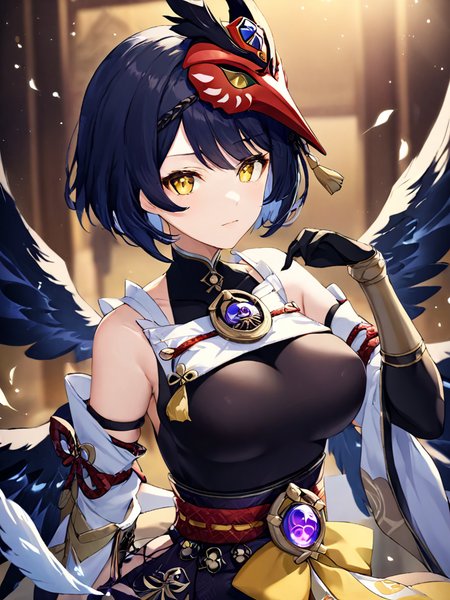 ultra-detailed,(best quality),((masterpiece)),(highres),original,extremely, <lora:jiutiaox_xl:0.8>,(\jiu tiao\), 1girl, kujou sara, solo, breasts, bird mask, yellow eyes, mask, gloves, mask on head, short hair, looking at viewer, sash, vision \(genshin impact\), detached sleeves, black gloves, wings, japanese clothes,  bangs, tassel, black hair, bodysuit, wide sleeves,  black bodysuit, black wings, swept bangs,