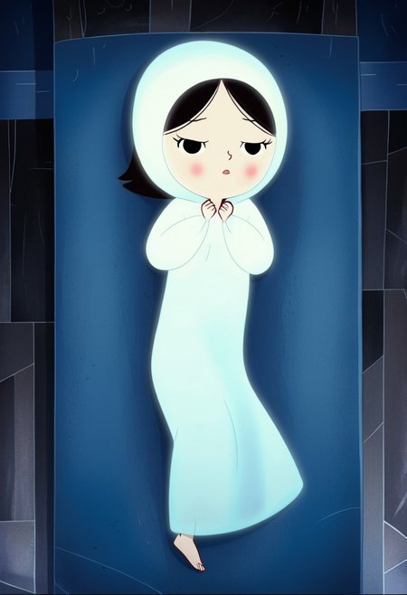 zPDXL3, source_cartoon, Perfect Hands, full body,
1girl, solo, sea bottom, looking at viewer, saoirse, black hair, black eyes, blush, ghost, hood up, robe, barefoot, glowing, lying under the sea, from above, lying on side, facing at viewer, feeling cold, eyes closed, emotionless, open mouth, sleeve past wrist, slim body, long body, highlight cloth wrinkle, anime style face, dark blue background,
<lora:Perfect Hands:1>  <lora:Saoirse_-_The_Song_of_the_Sea-000009:1>