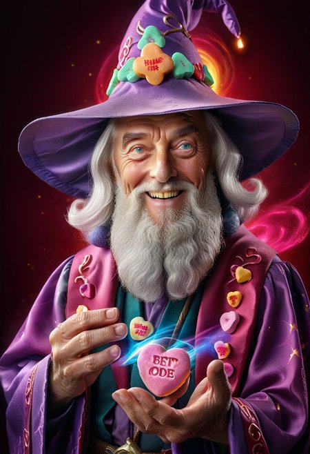 digital artwork, HDR, 8K, high contrast, masterpiece, best quality, amazing quality, very aesthetic, superabsurd res, high resolution, beautiful detailed eyes, detailed figure, volumetric lighting, dappled light, light particles, dramatic shadows, cinematic lighting, depth of field,ultra-detailed, absurdres, newest, impressive artwork, A wizard wearing pastel robes, holding black hole, holding swirling vortex of candy hearts, black hole made from candy hearts, magic, old man, old wizard, bearded wizard, merlin, smiling, eccentric candy maker