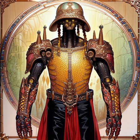 Bionic man, 1boy, looking at looking at viewer, Heavy  braids, yellow eyes || helmet, o-ring top, red sarong, black shorts, shoulder armor, monster man, 1boy, monster man, gradient, colored skin, solo, covered eyes,, ultra detailed, masterpiece, best quality, aesthetic, detailed,
ArsMJStyle, Art Nouveau